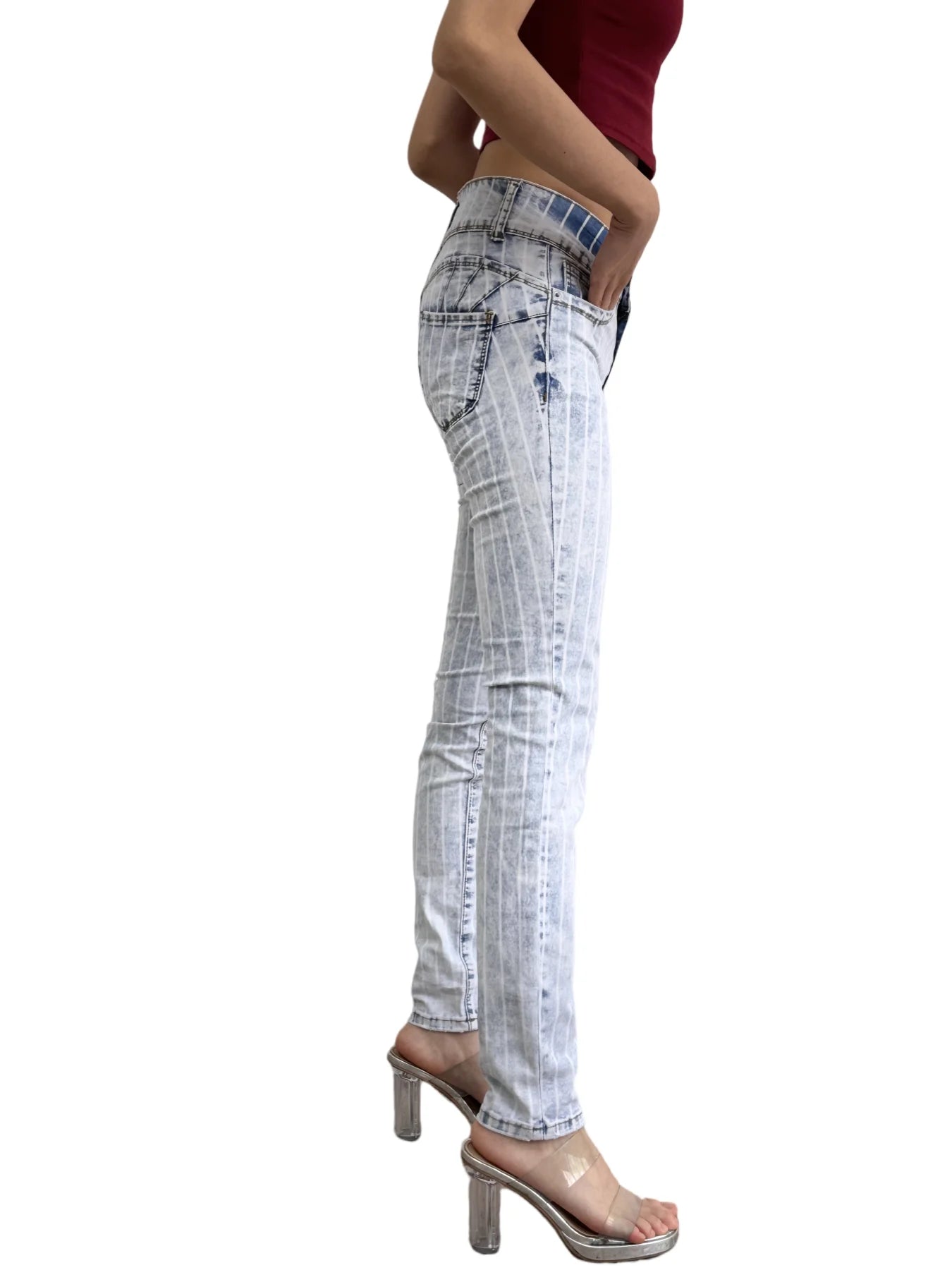 Women's stretch tight jeans, yarn-dyed striped fabric, rear hip lift design, suitable for all seasons
