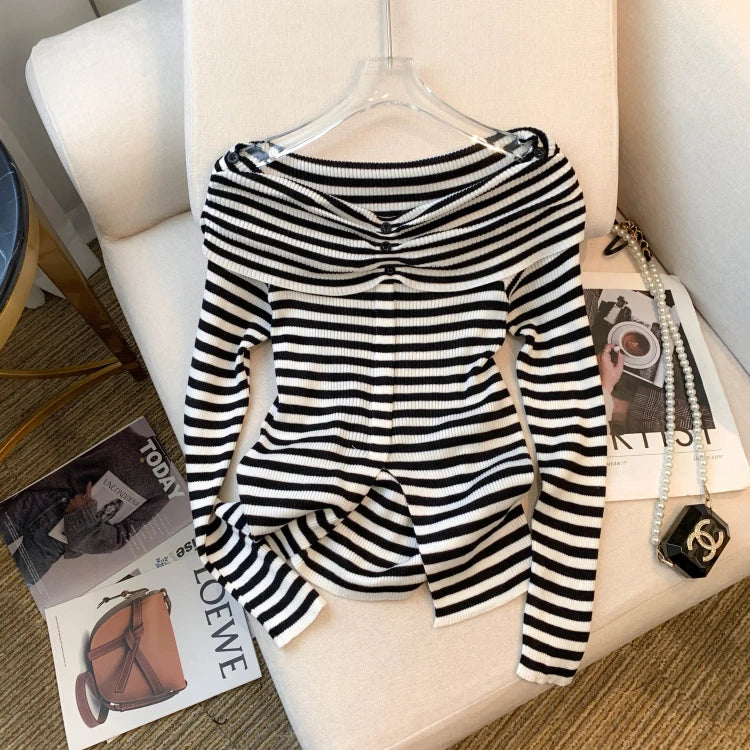 Striped Off Shoulder Knitted Top Casual Ruched Long Sleeve Split Sweater For Spring & Fall, Women's Clothing