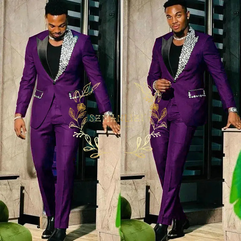 Suits for Men Slim Fit Single Breasted Peak Lapel Blazer High Quality Crystal Prom Party 2 Piece Jacket Pants Sets Terno