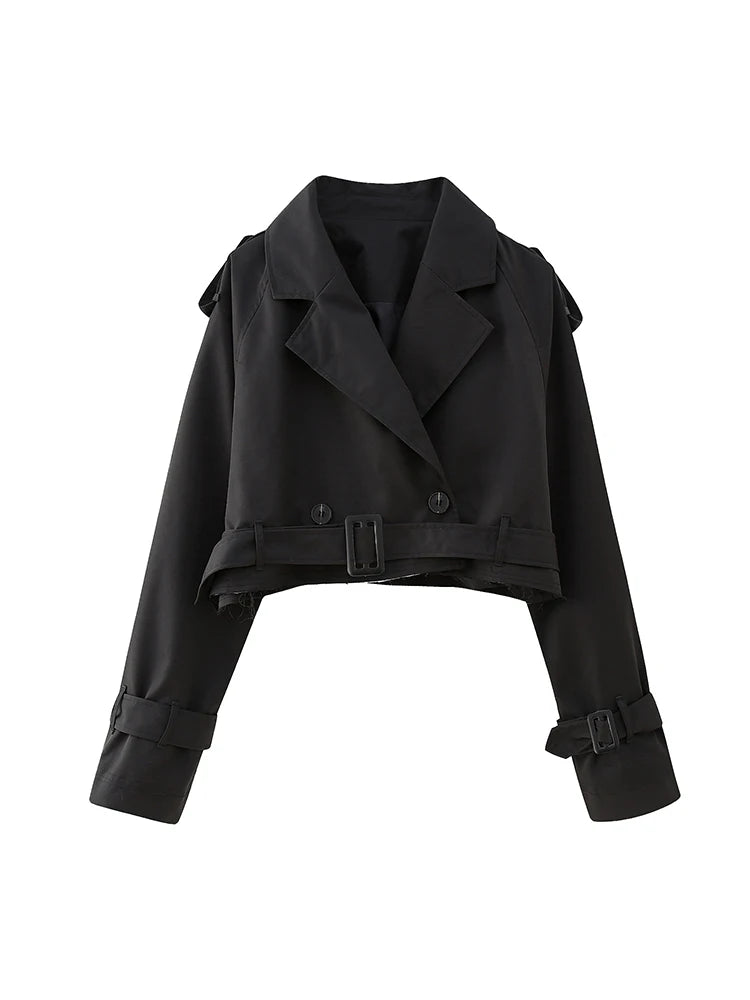 Women Fashion With Belt Cropped Trench Jacket Vintage Notched Neck Long Sleeve Female Chic Lady