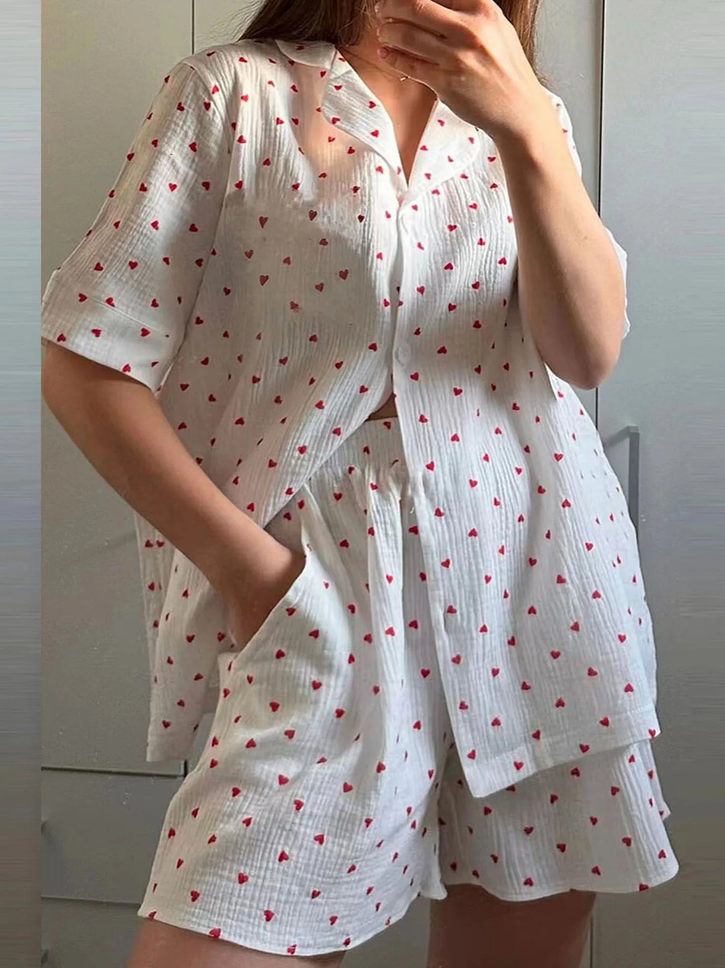 Women s Lightweight Pajama Set V-Neck Button Up Short Sleeve Shirt Elastic Waist Shorts with Cute Heart Pattern 2 Piece