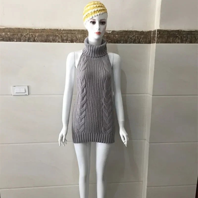 Sexy Trendy Knitted Pullover Sweater Dress for Women, Sexy Backless Apparel with Tie-up Back Design