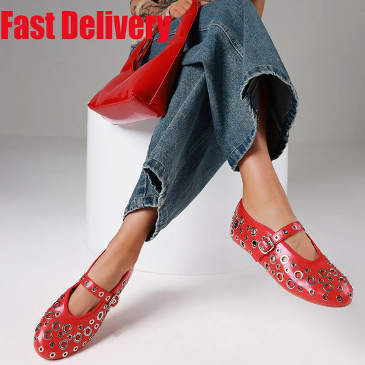 Ballet Flats with Buckle Strap Mesh Perforated Metal Studded Mary Jane
