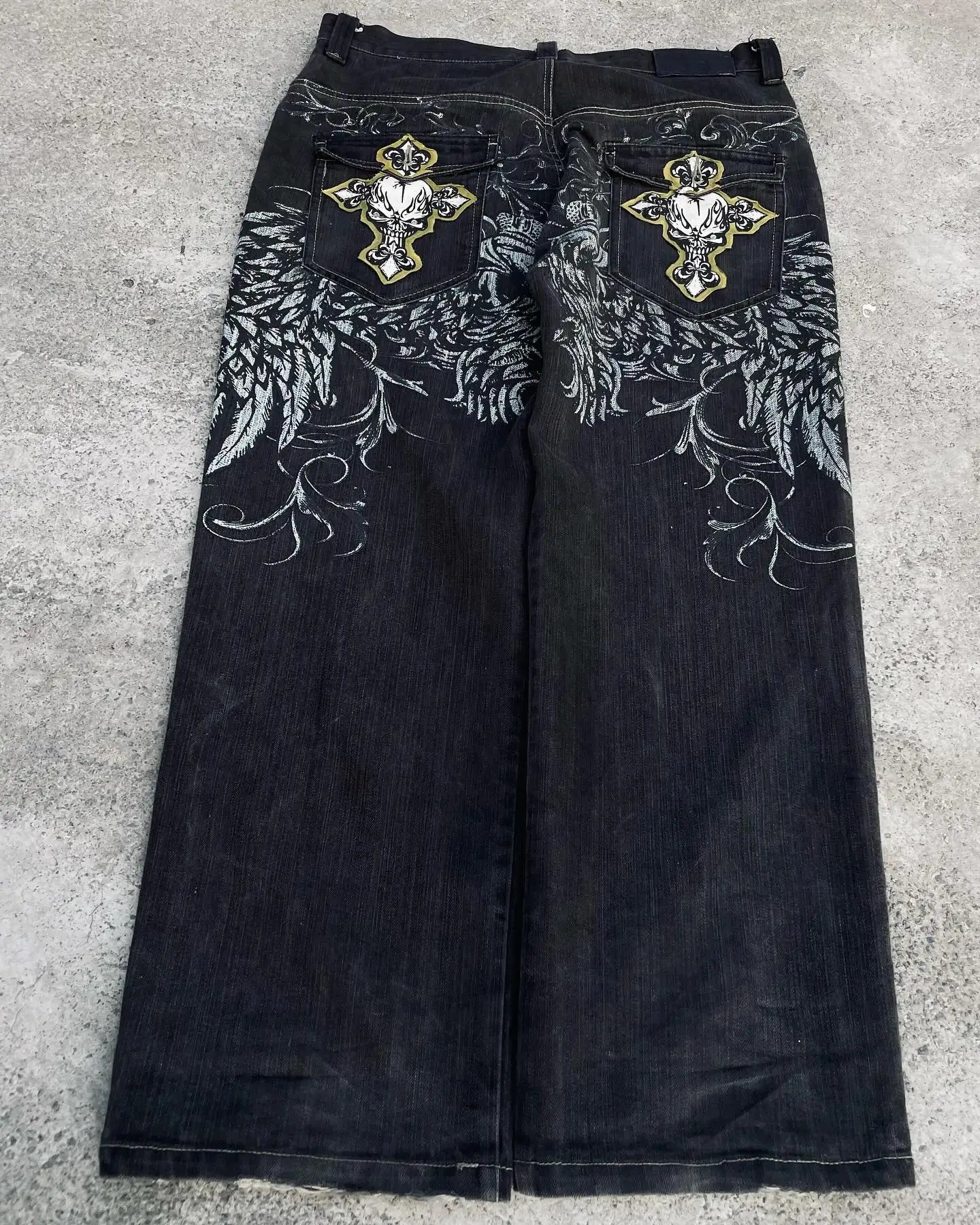 Gothic Retro American Cross Embroidery Patchwork Baggy Jeans  Streetwear Casual Straight Wide-leg Pants