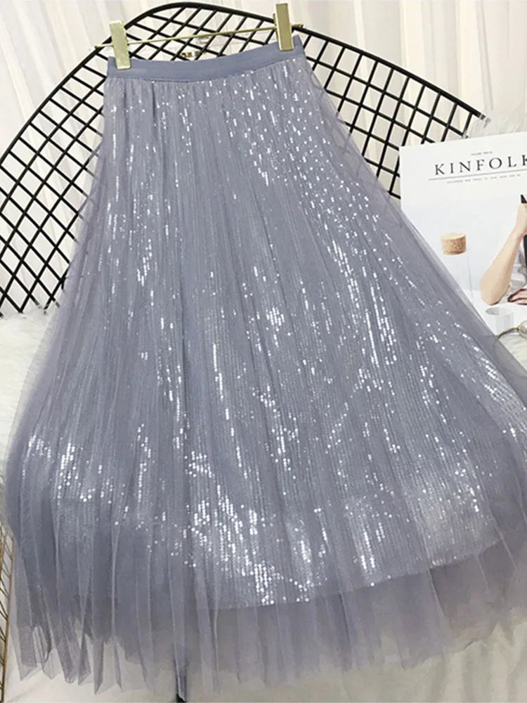 Sequined Pleated A Line Midi Skirt Chic High Waist