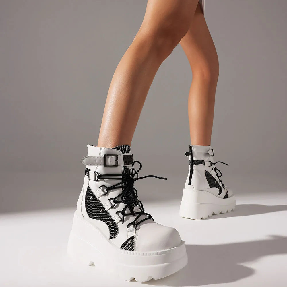Punk Ankle Boots Platform Back Zipper Buckle Round Toe Lace-up Chunky High Heeled