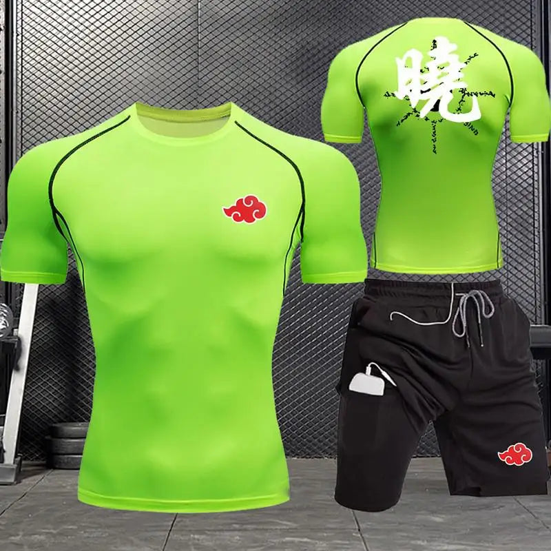 Jogging Breathable Compression Sportswear Summer Men's Training Two-piece Tight T-shirt Fitness Shorts Gym Workout Set S-3xl