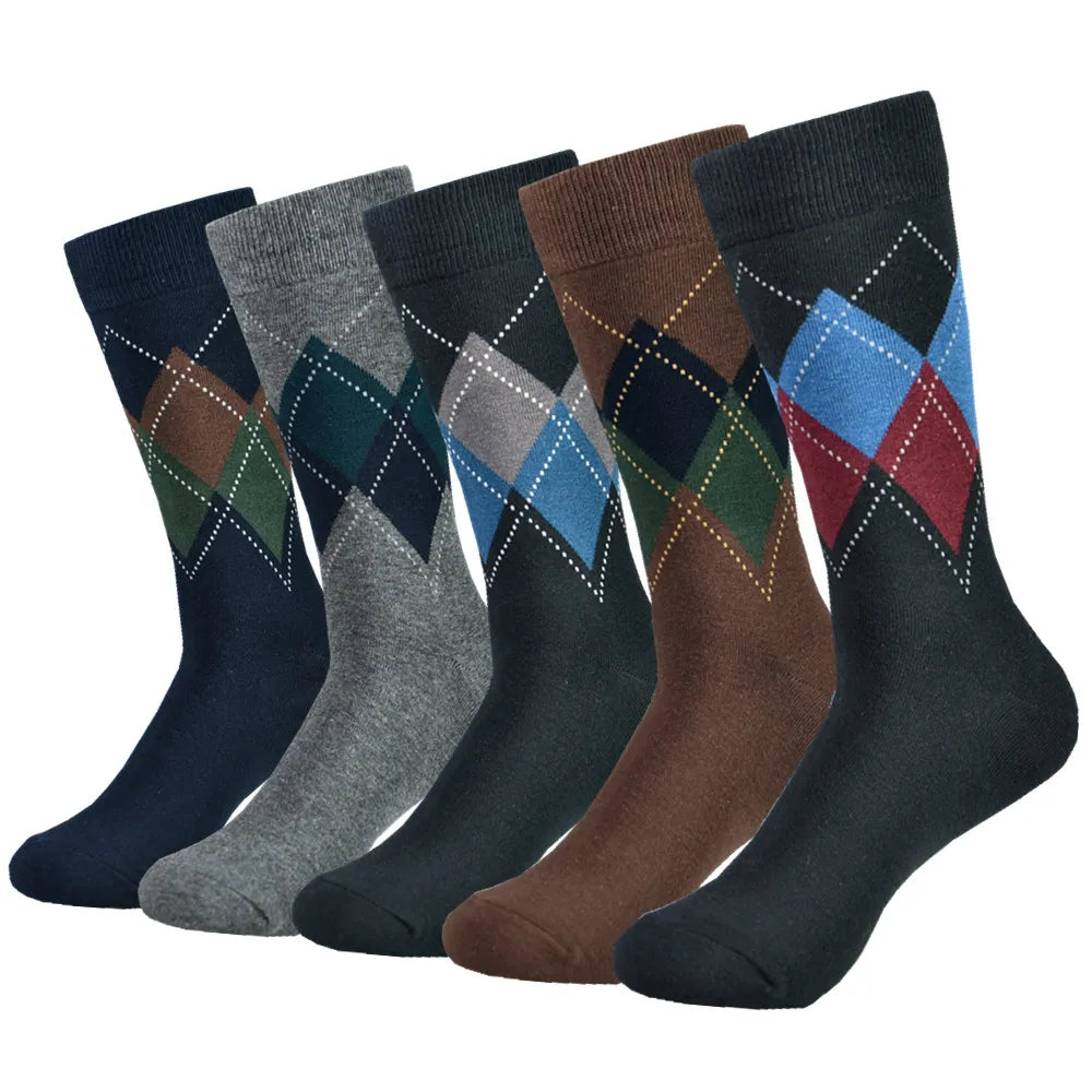 5pairs Mens Cotton Dress Black Argyle Pattern Crew Funny Socks for Men Gifts