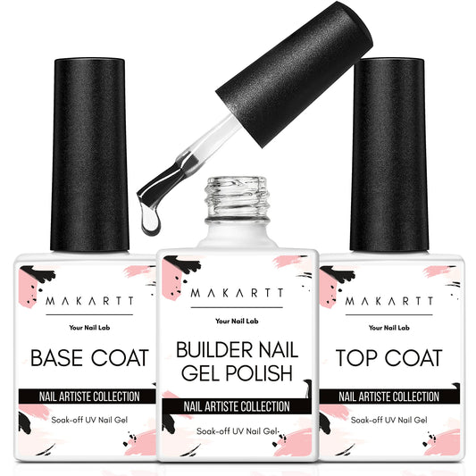 Builder Nail Gel with Base Top Coat Set- Clear Gel Nail Polish No Wipe Glossy Nail Strengthener Extension Builder