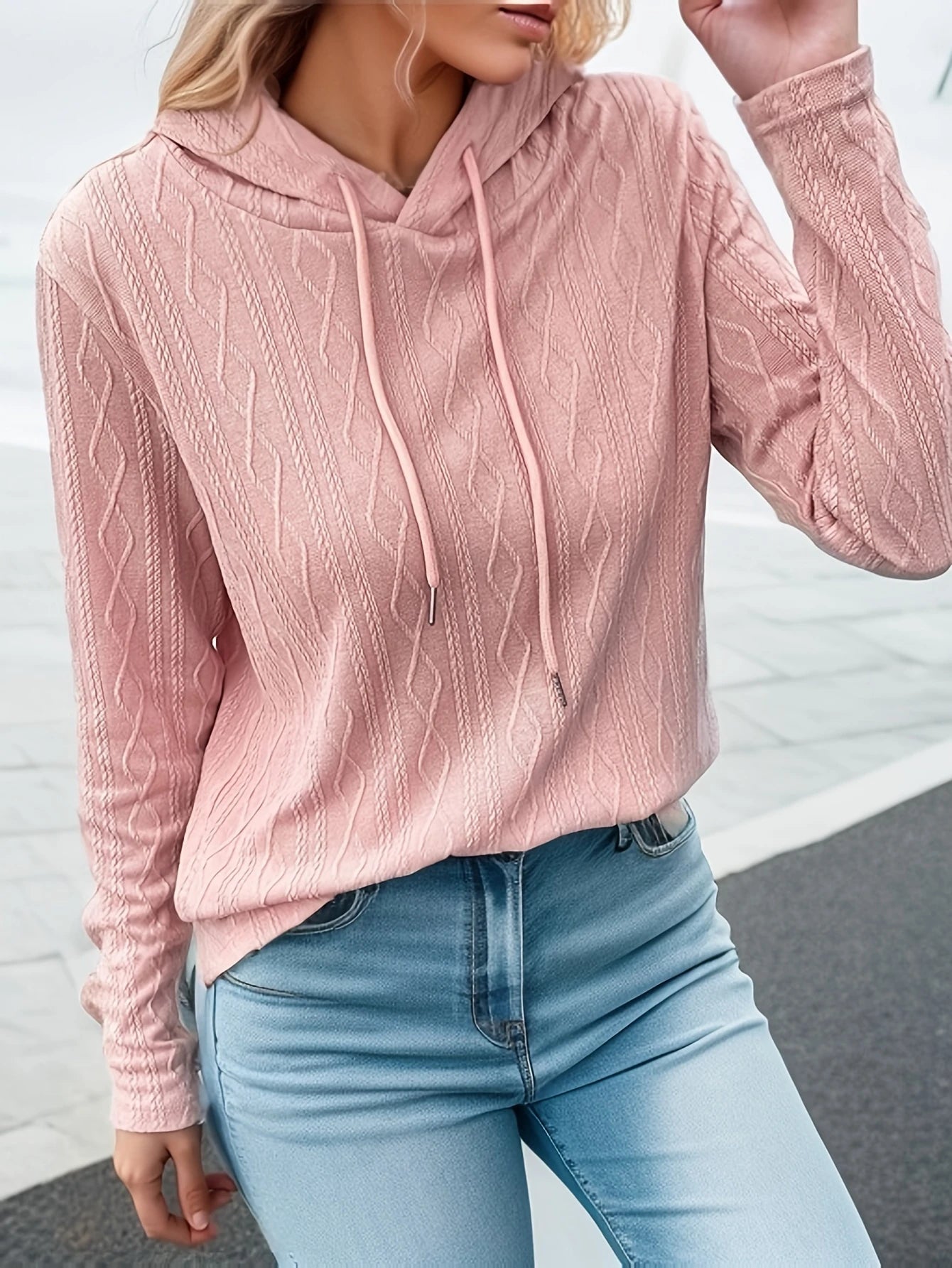 Plus Size Casual Sweater  Textured Long Sleeve Drawstring Slight Stretch Hoodie