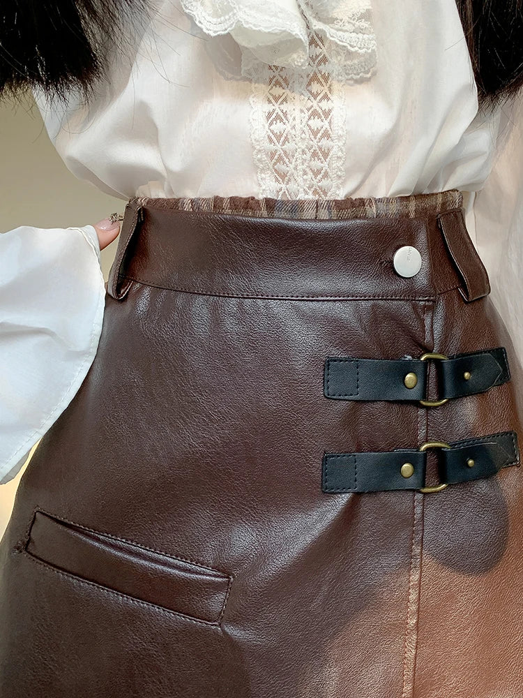 Stylish 2 Piece Stitching PU Plaid Skirts