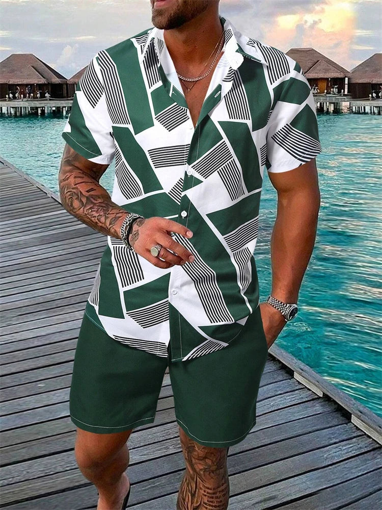 Summer  Men's Short Sleeve Shirt and Shorts 2 Piece Set Fashion Coconut Tree Print Lapel Shirt Beach Drawstring Shorts Set