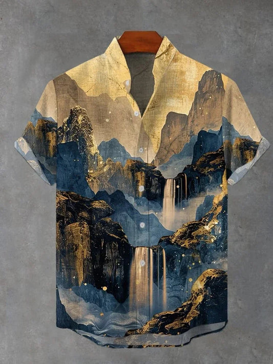 Printed Breast Pocket Cotton Linen Short Sleeve Shirt  Loose Versatile Casual Sports Summer Men