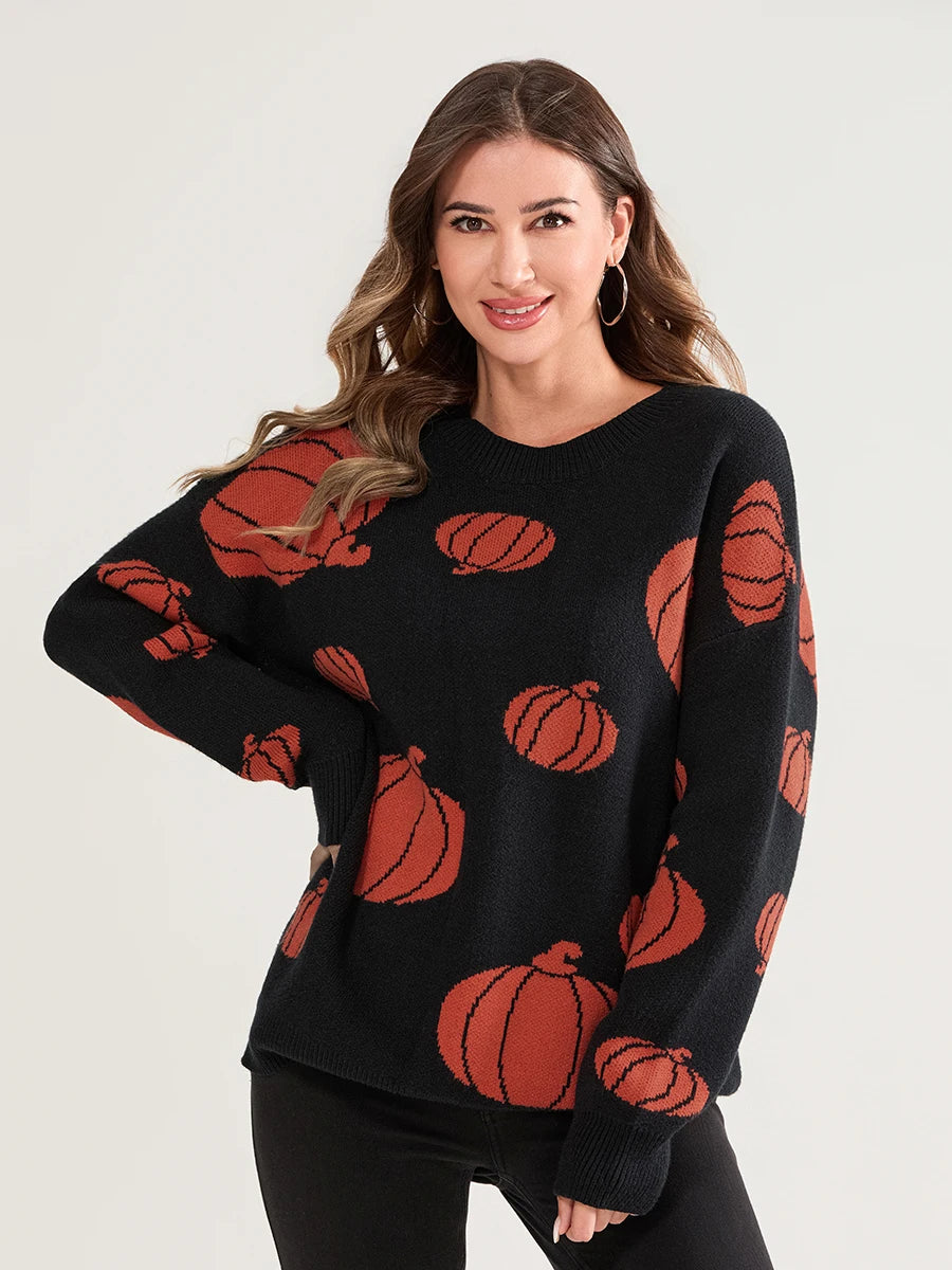 Women Halloween Knit Sweater Long Sleeve Round Neck Pullovers Fall Winter Casual with Spooky Vibes