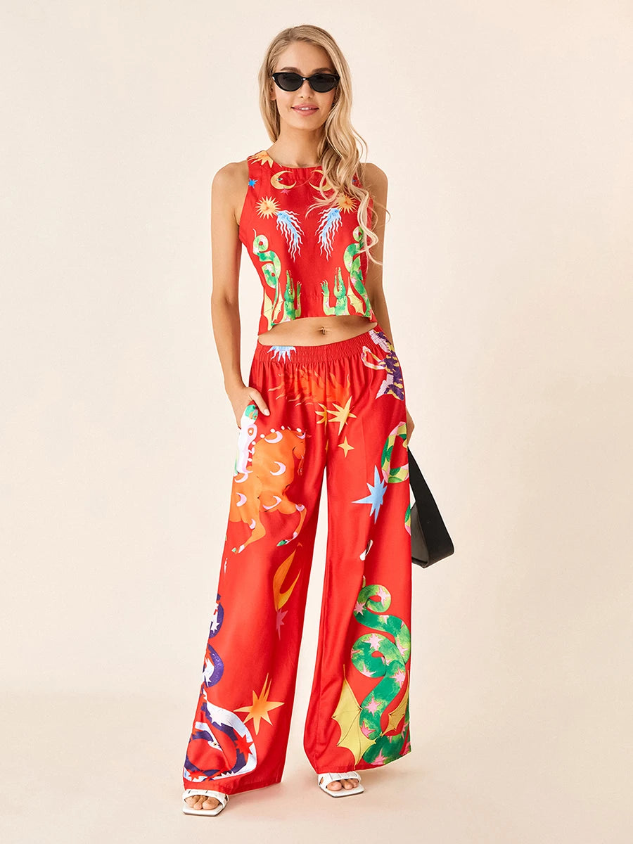 Women s Retro Style Crop Top and High Waisted Wide Leg Pants Set with Abstract Print Sleeveless Tank Top and Loose Fit
