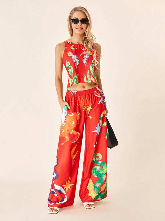 Women s Retro Style Crop Top and High Waisted Wide Leg Pants Set with Abstract Print Sleeveless Tank Top and Loose Fit