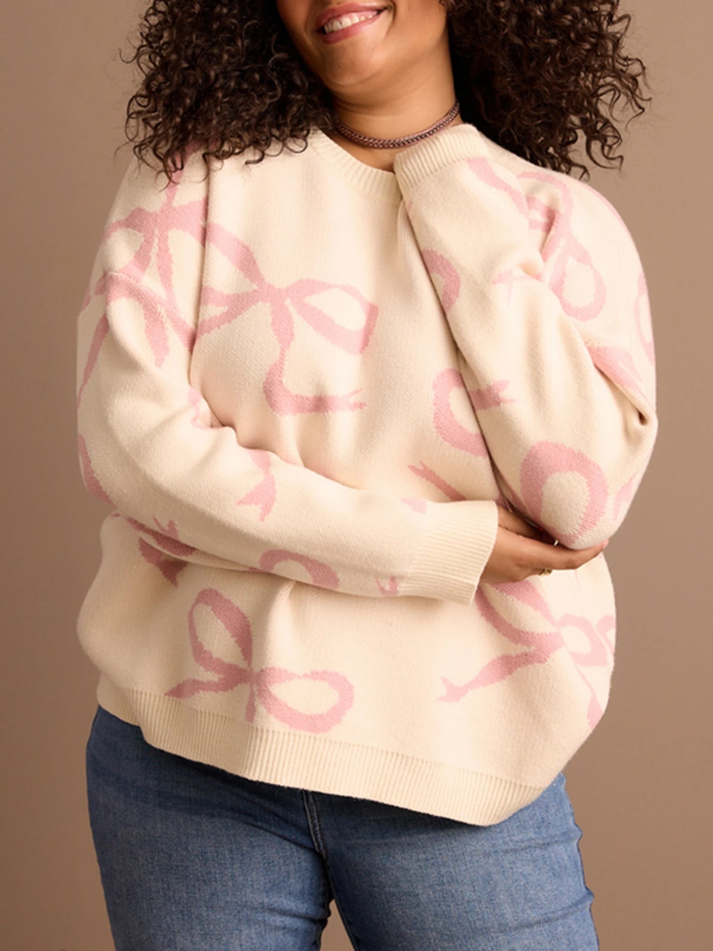 Women s Plus Size Sweater Bow Print V-Neck Long Sleeve Pullover Knit