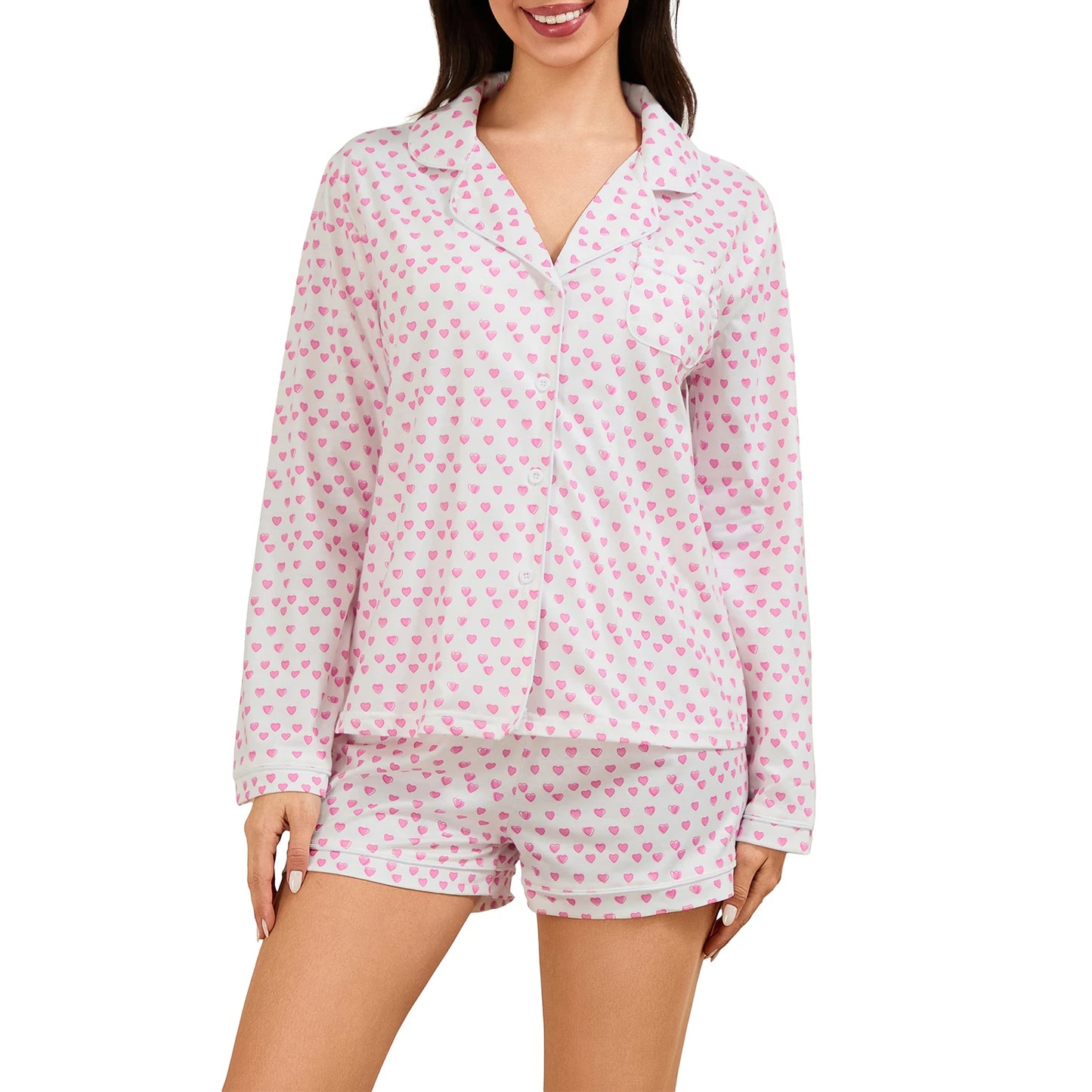 Pink Floral Print Pajama Set V-Neck Long Sleeve Button Down Top Drawstring Waist Shorts 2 Piece Lounge Outfits