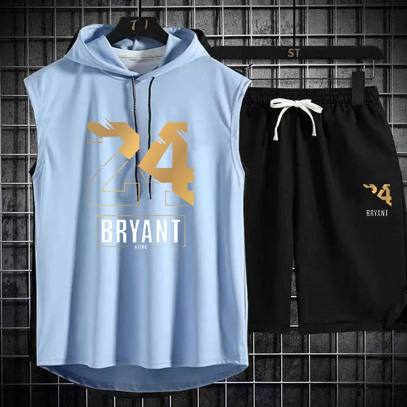 Men's Two Piece Set Casual Sleeveless T-Shirt and Shorts Set Men's Sports Suit Fashion Short Sleeve Tracksuit Hooded T-shirt suit