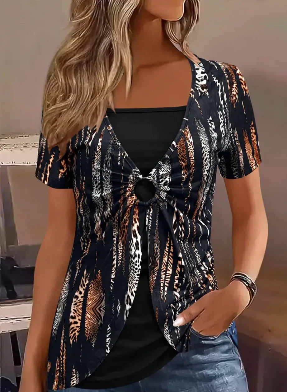 Elegant Square Neck Women's Short Sleeve T-Shirt - Ethnic Print False Two-Piece Top | Fashionable Streetwear for