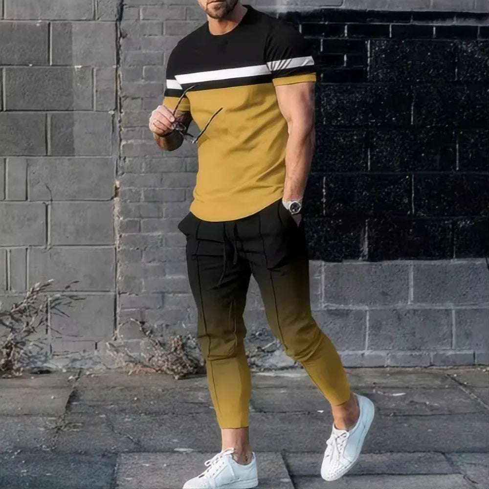 Fashion Men's T-shirt suit sportswear 3D printed sportswear  short sleeved T-shirt long pants  street wear 2-piece set