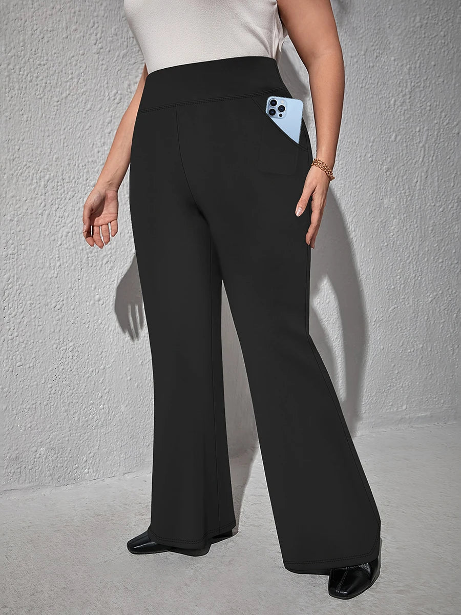Women Plus Size High Waist Wide Leg Palazzo Pants Solid Color Elastic Waist Flare Trousers Yoga