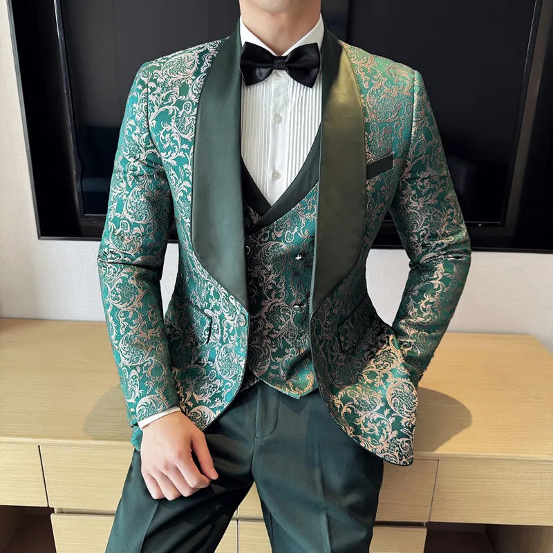 Men's British Style Business Casual Three-Piece Suit Vest Trousers High-Density Jacquard Wedding Prom