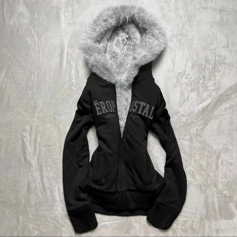 Sweater Fashion Oversized Knit  Vintage Streetwear Fur-lined hood