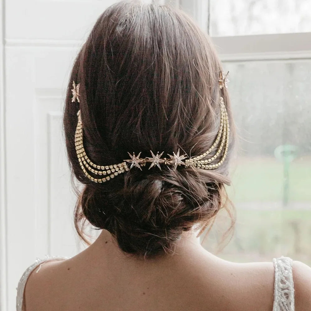 Luxury Star Hair Comb Rhinestone Chain Jewelry for Women Vintage  Multilayer Hair Chain