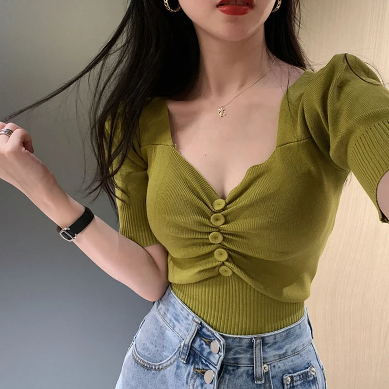 Women's Short Sleeve Knit Top with Button Front Decoration Sweetheart Neck Sweater Summer Office Knitwear Chic Elegant Outfit