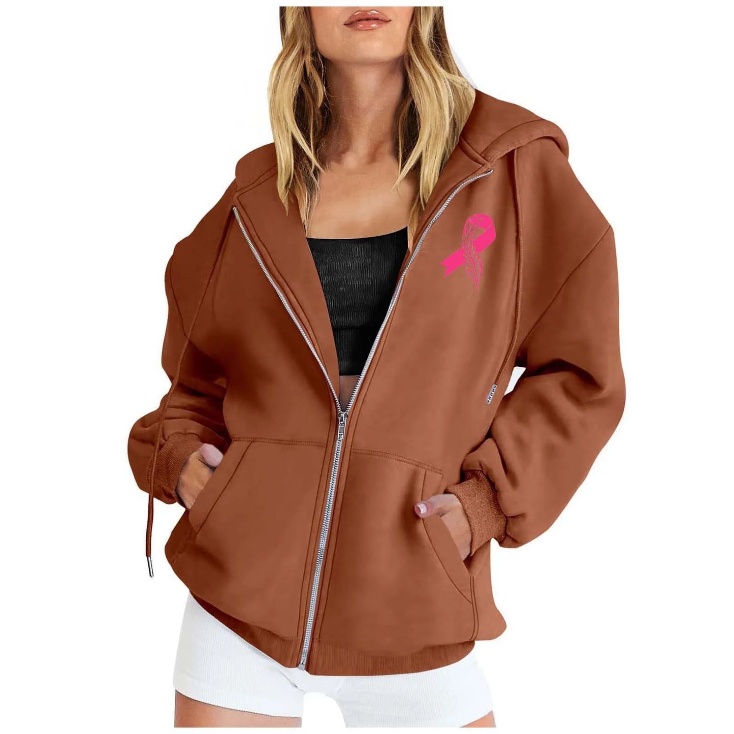 Women's Pink October Hoodies Breast Cancer Awareness Ribbon Feather Print Zipper Sweatshirts Long Sleeve Women Hoodies