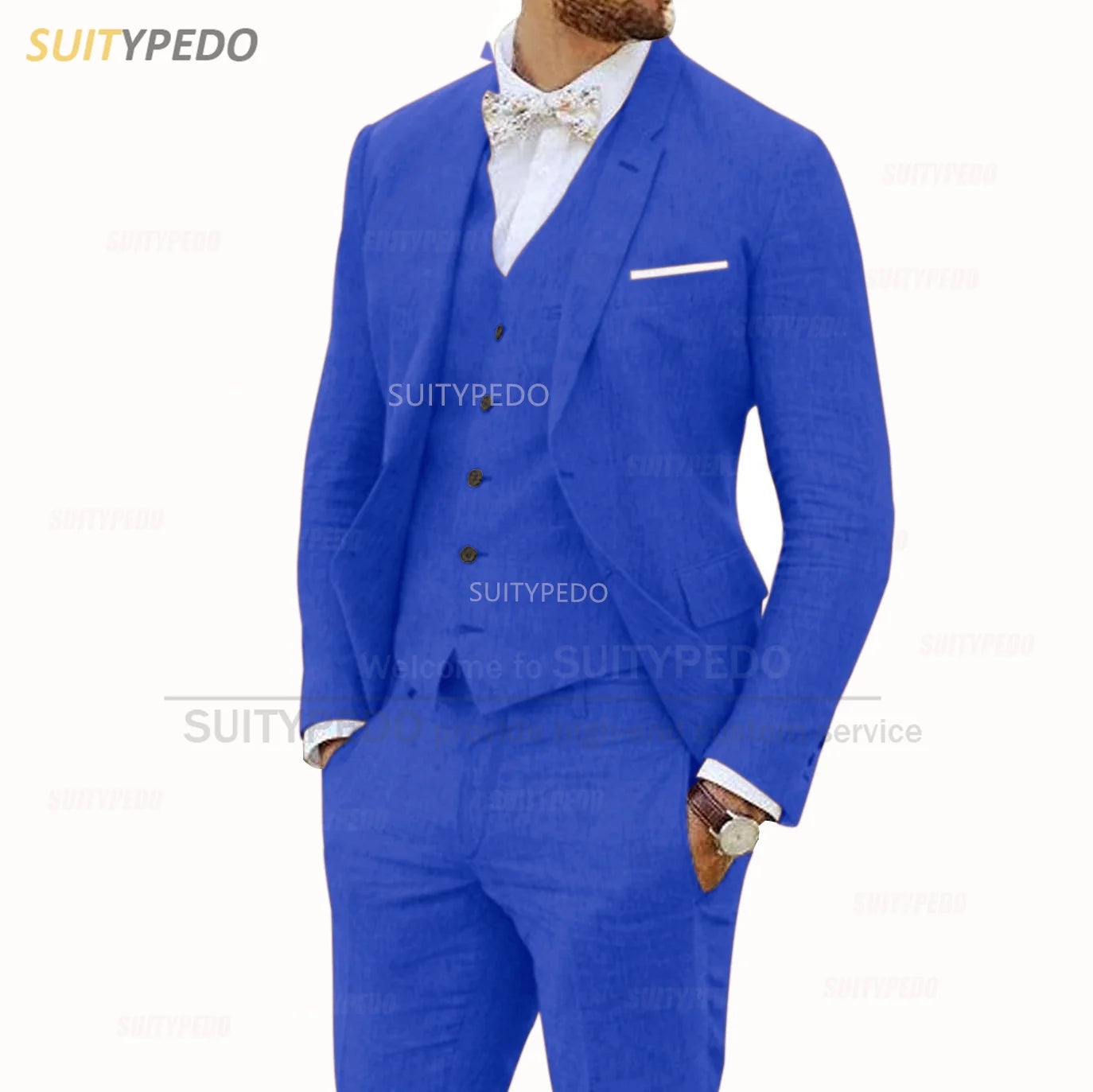 Linen Suits for Men 3 Pieces Casual Slim Fit Suit Blazer Vest Pants Set Formal Prom Wedding Tuxedos for Groomsmen Best Man