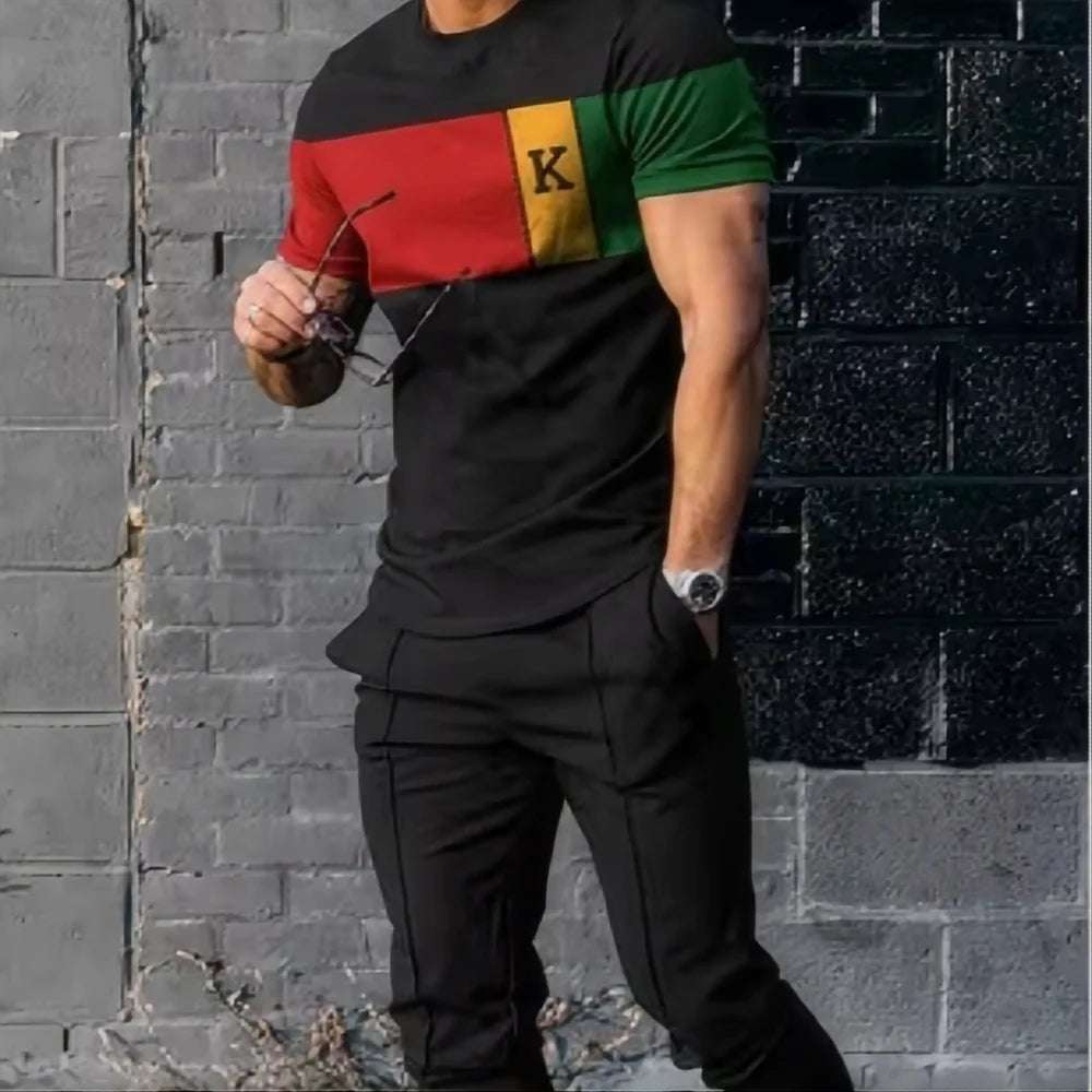 Summer men's T-shirt and pants sports suit abstract gradient 3D printed T-shirt and pants set 2-piece street wear oversized suit