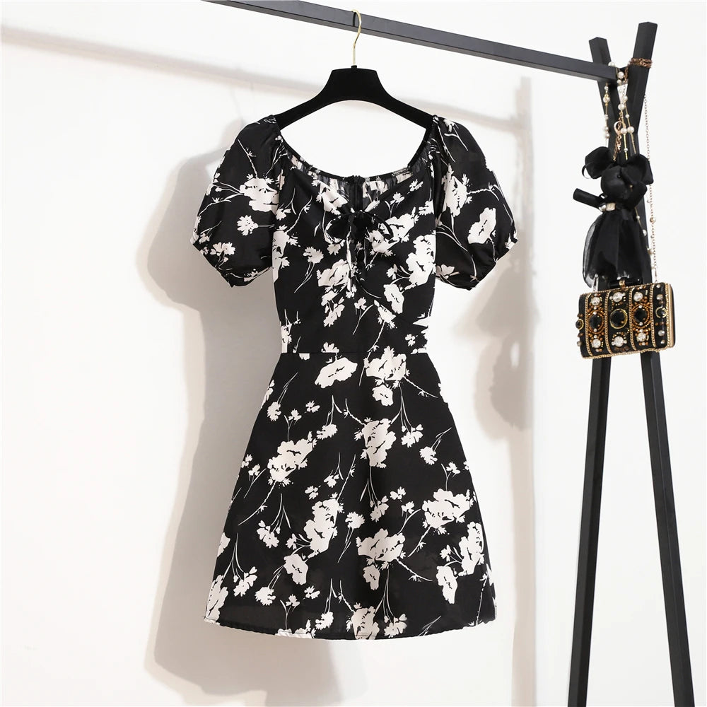 Women's Mini Dress Summer Fashion Female  Print Floral Chiffon Dresses Shirring Pleated Short Puffy Sleeve Casual Dress
