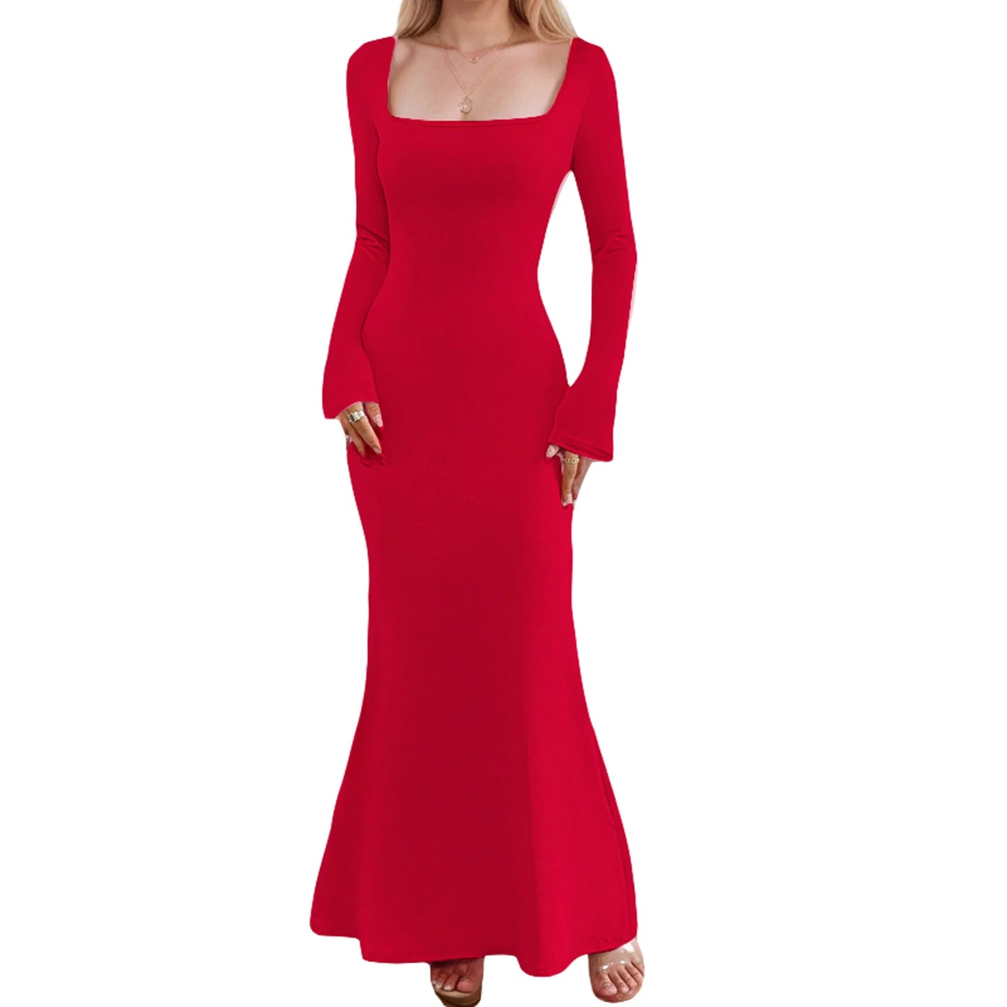 Maxi Dress with Ruffle Detail and Long Sleeves
