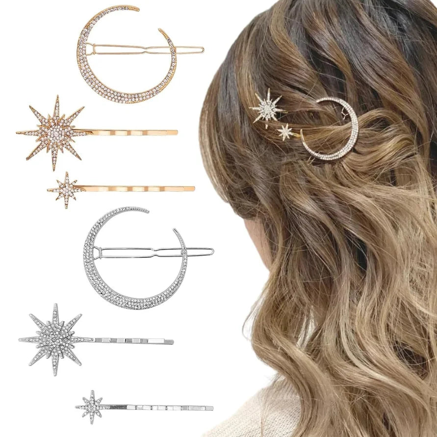 Women Crystal Side Hair Clip Pins Metal Hair Barrettes Girl Hair Accessories Stars Moon Rhinestone Clips Set Star Hairpins