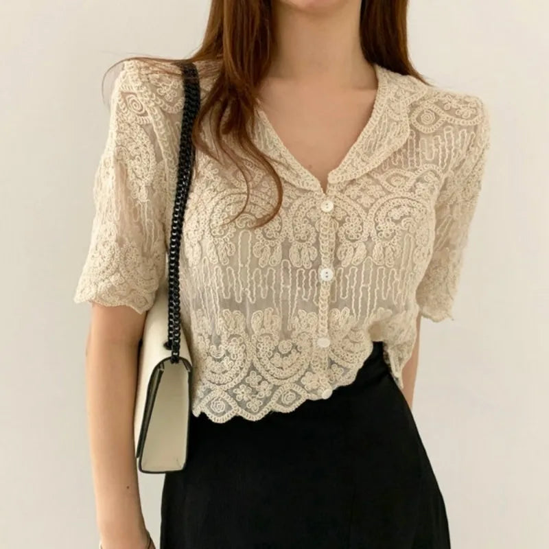Sheer Embroidery Lace Blouse Cover Up Top Short Sleeve Button Front Women Summer Boho Vacation Outfit