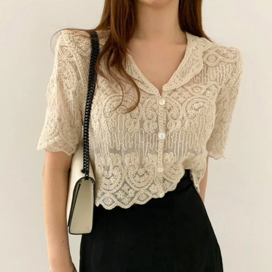 Sheer Embroidery Lace Blouse Cover Up Top Short Sleeve Button Front Women Summer Boho Vacation Outfit