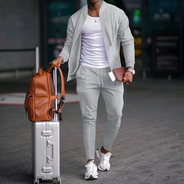 Spring men's casual blazer set new fashion Waffle baseball suit round neck pocket zipper long sleeve trousers two-piece set