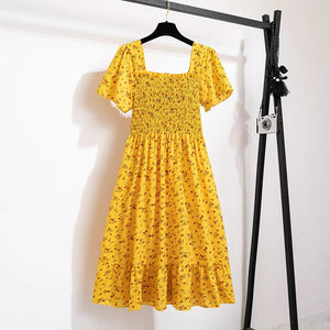Spring Summer Chiffon Dress Women Midi Dresses Female Short Sleeve Elastic Waist Printed Floral Pleated  Casual Dress