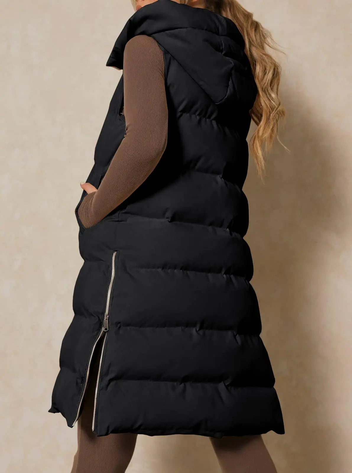 Down Vest with Stand Collar Thick Hooded Sleeveless Long Vest