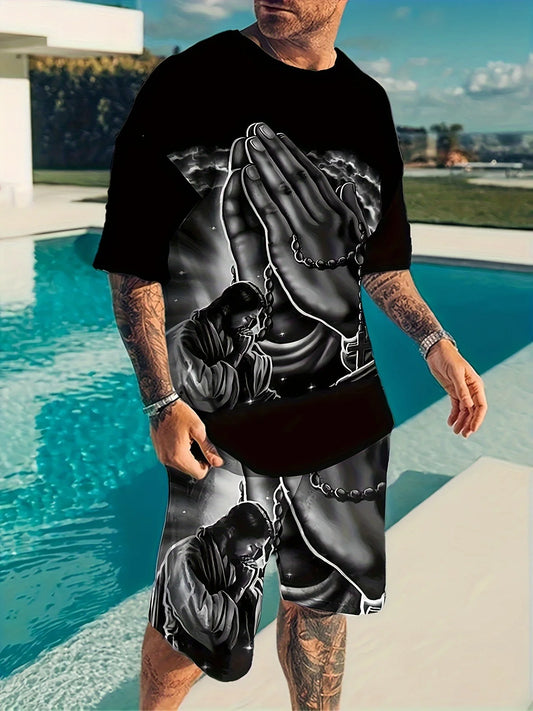 Summer men's casual set, street fashion and comfortable T-shirt, 3D digital print pattern, outdoor sports running short