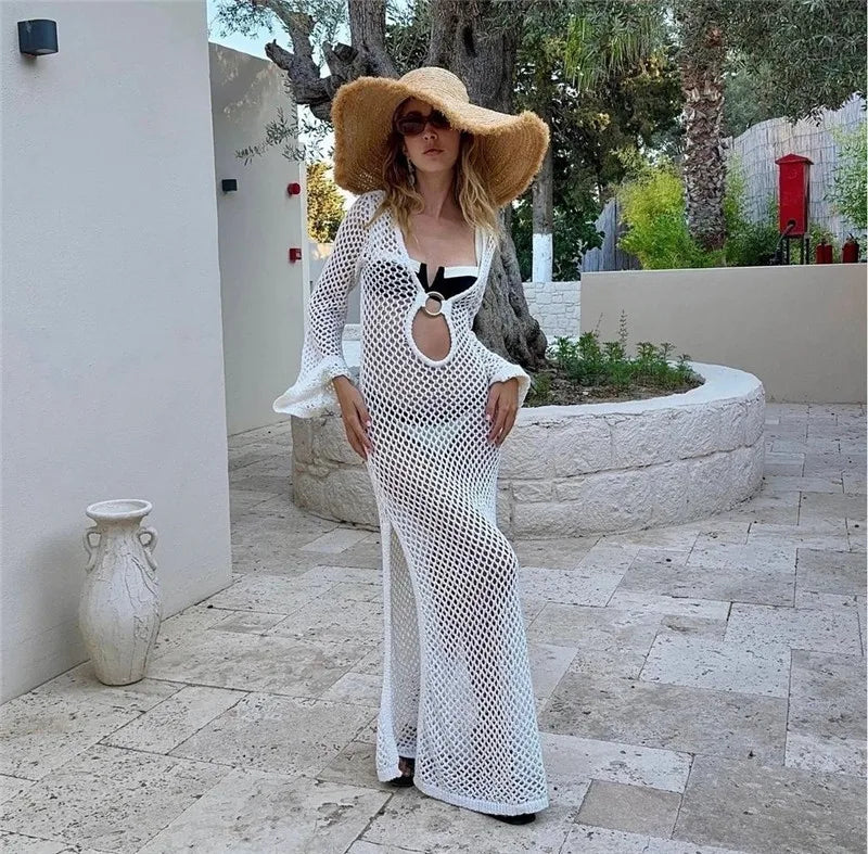 Crochet Knitted Women Cover-ups Long Style Hem Slit  Female Beach Dress