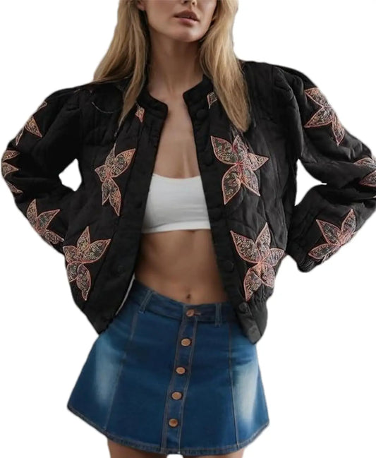 Cropped Lightweight Flower Quilted Jacket Embroidery Puffer Outerwear Coats