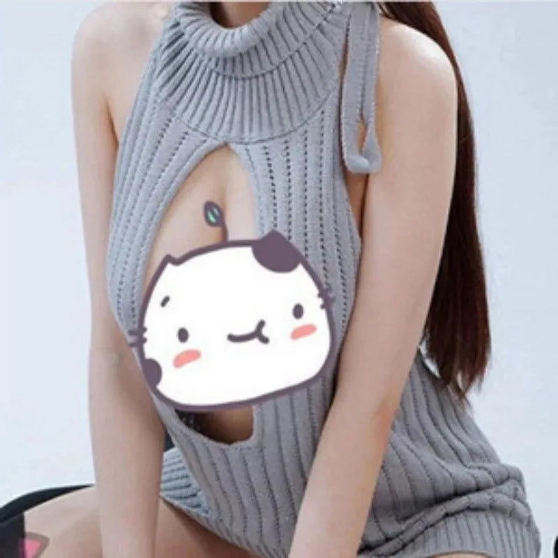 Sexy Trendy Knitted Pullover Sweater Dress for Women, Sexy Backless Apparel with Tie-up Back Design