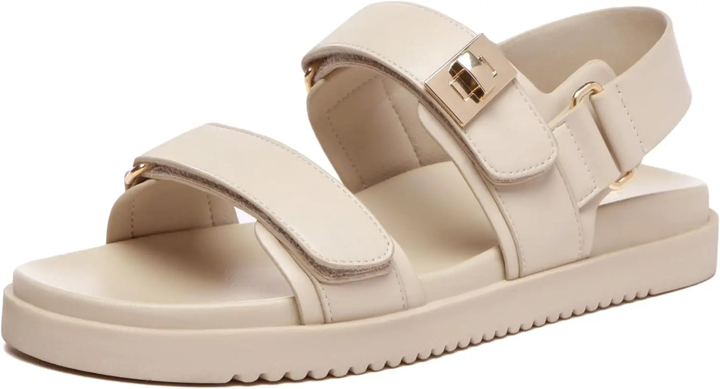 Women's Flat Sandals Comfort Adjustable Double Strap Slip on Leather Footbed Sandals for Women