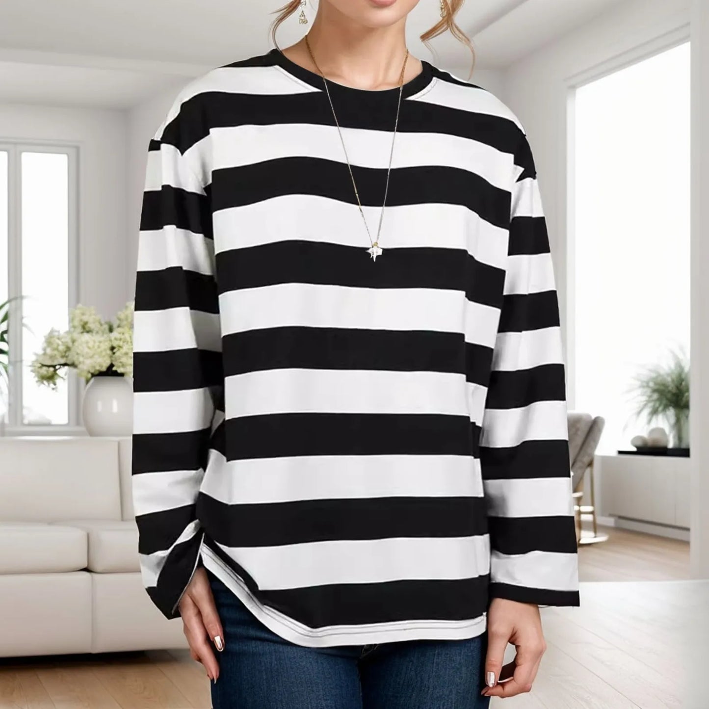 Women Striped T-shirt Long Sleeved Bottoming Shirt Women Crew Neck Loose Oversized Tops