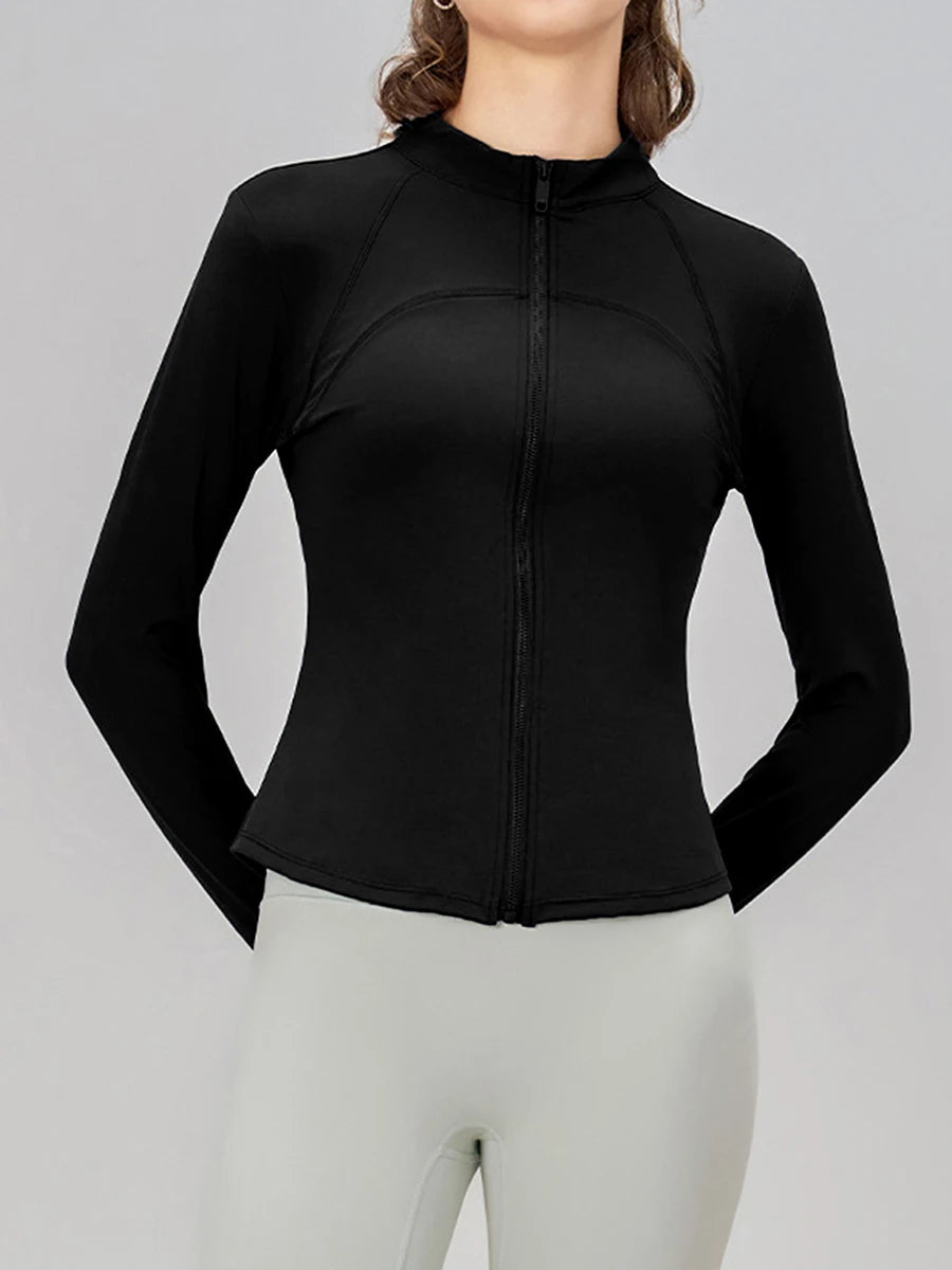 Full Zip Yoga Jacket with Solid Color Long Sleeves Stand Collar  Fit and Thumb Holes for Active Wear