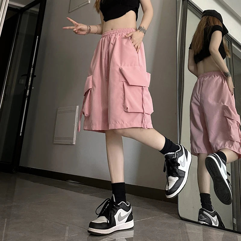 Women's High Waist Cargo Shorts American Style Streetwear Summer Wide Leg Pants Fashion Female Big Pocket Loose Shorts