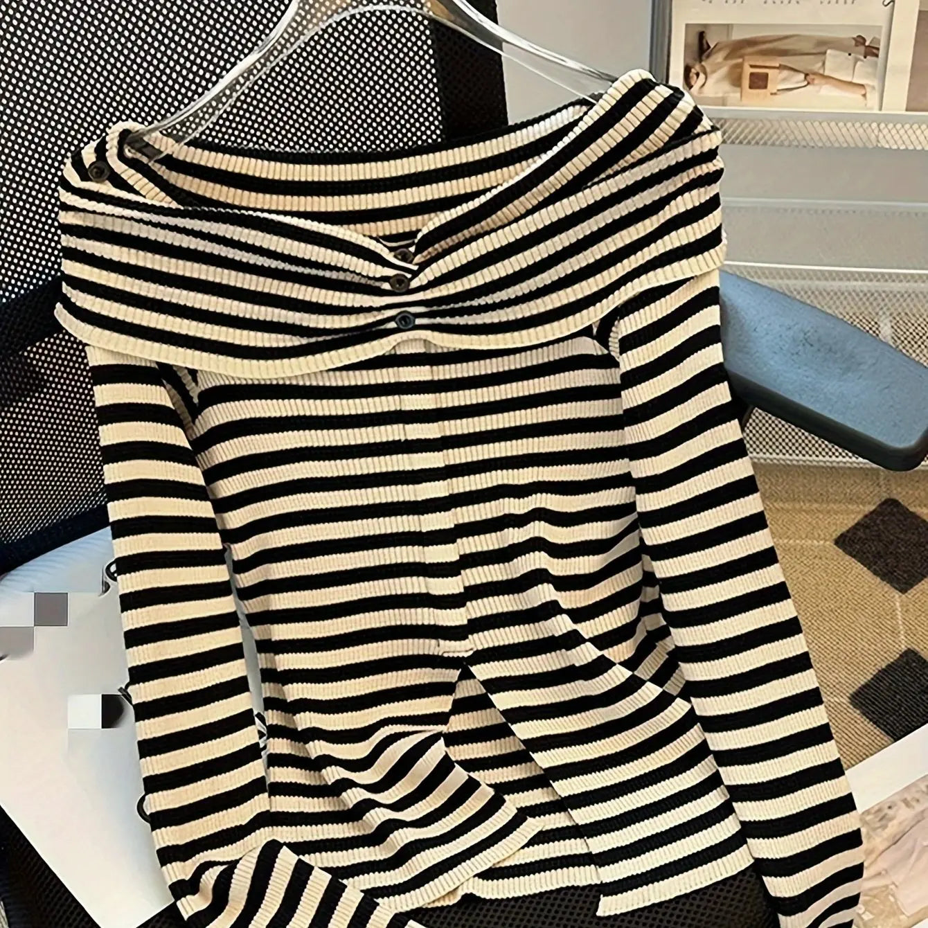 Striped Off Shoulder Knitted Top Casual Ruched Long Sleeve Split Sweater For Spring & Fall, Women's Clothing